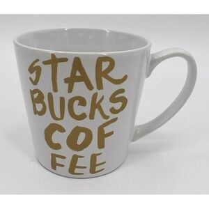 Starbucks 14.2 oz Coffee Mug Tea Hot Chocolate White Gold Grafitti Letters 2015‎